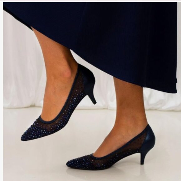 XYD Navy Pointed Toe Slip On Mesh Pumps Rhinestone Studs Comfy Kitten Heels Shoe - Picture 1 of 8